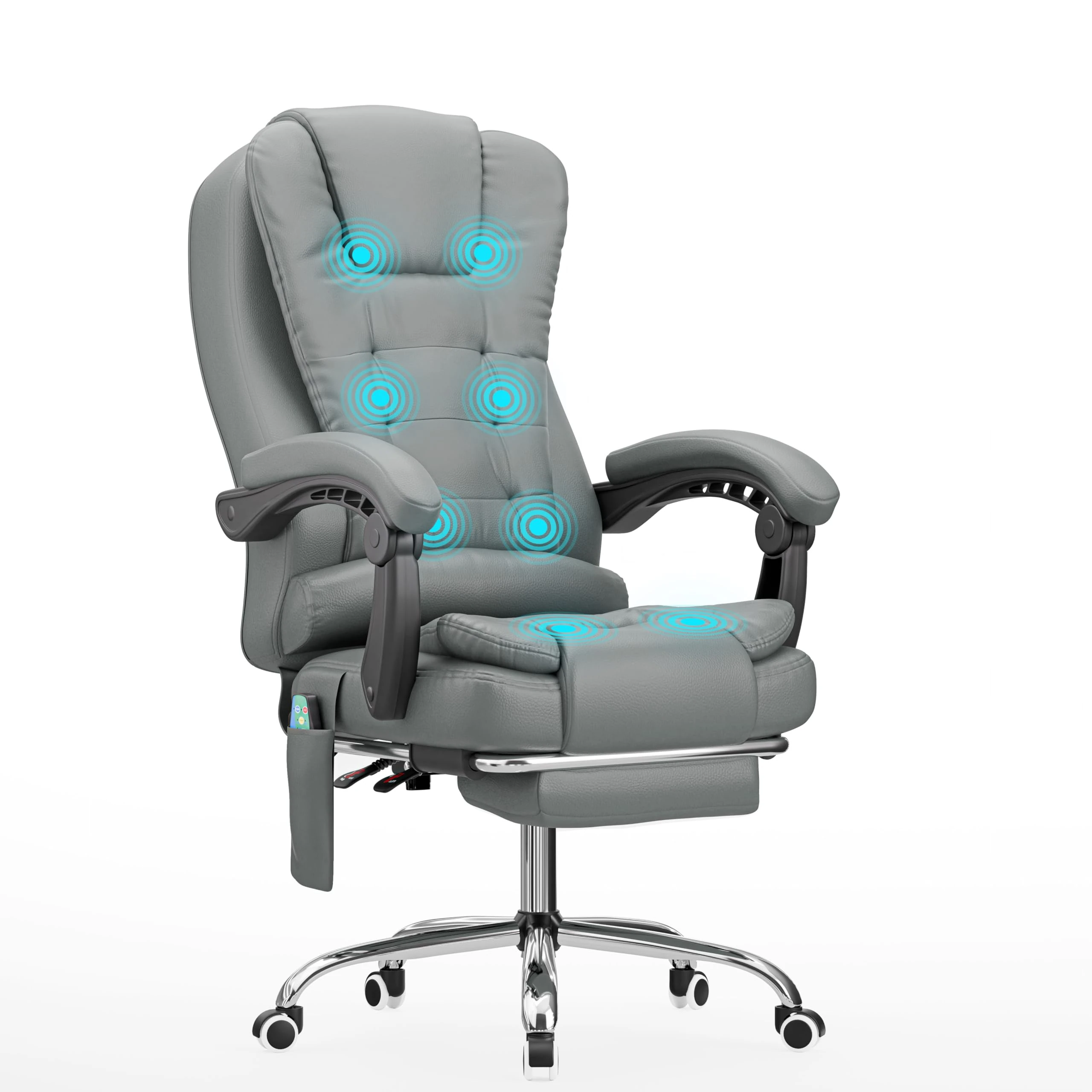Blisswood Office Chair with Lumbar Support – 8 Point Back Massager Desk Chair with Footrest, 360° Swivel, 135° Recline and Padded Armrests for Office, Home, Work and PC Gaming - PU Leather (Grey)