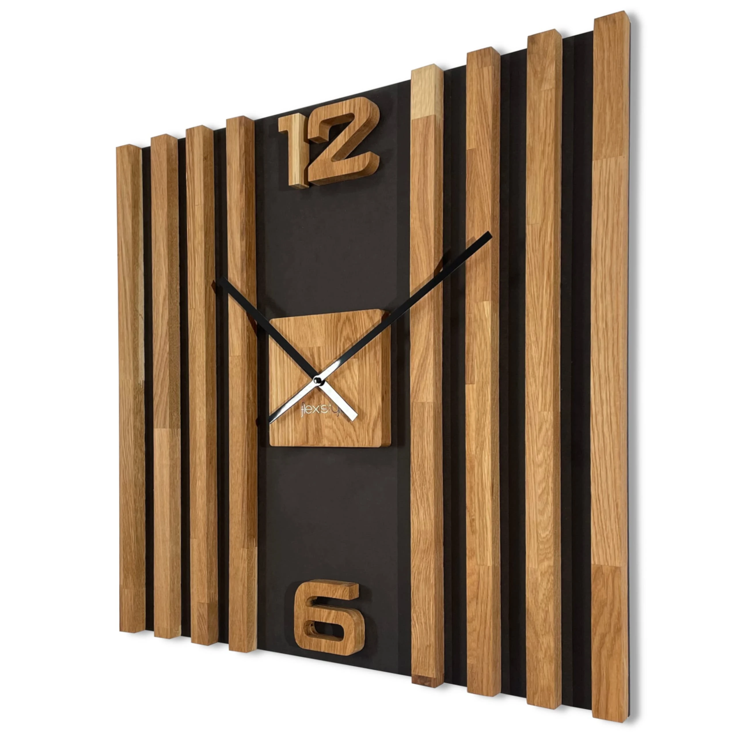 FLEXISTYLE square large wall clock 60cm Lamellas wooden clock oak silent for living room bedroom black XL