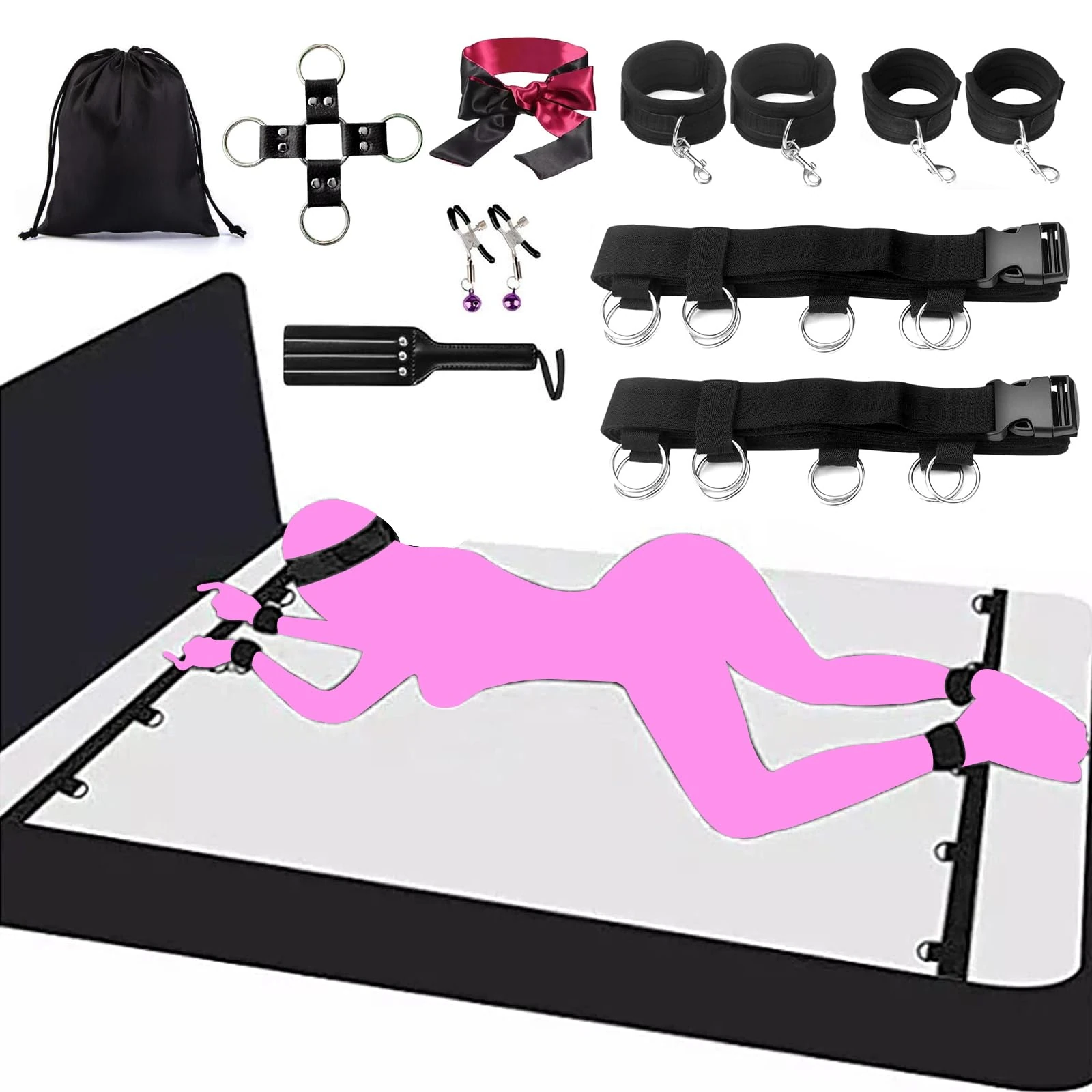 Bed Bondage Restraints Kit Sex Toys for Sex Games Sex Toy Under Mattress Fetish Adjustable Bed Restraints Set Adult Toys SM for Couples Adult Beginner Handcuffs Clips Blindfold Feather Teaser by HBABY