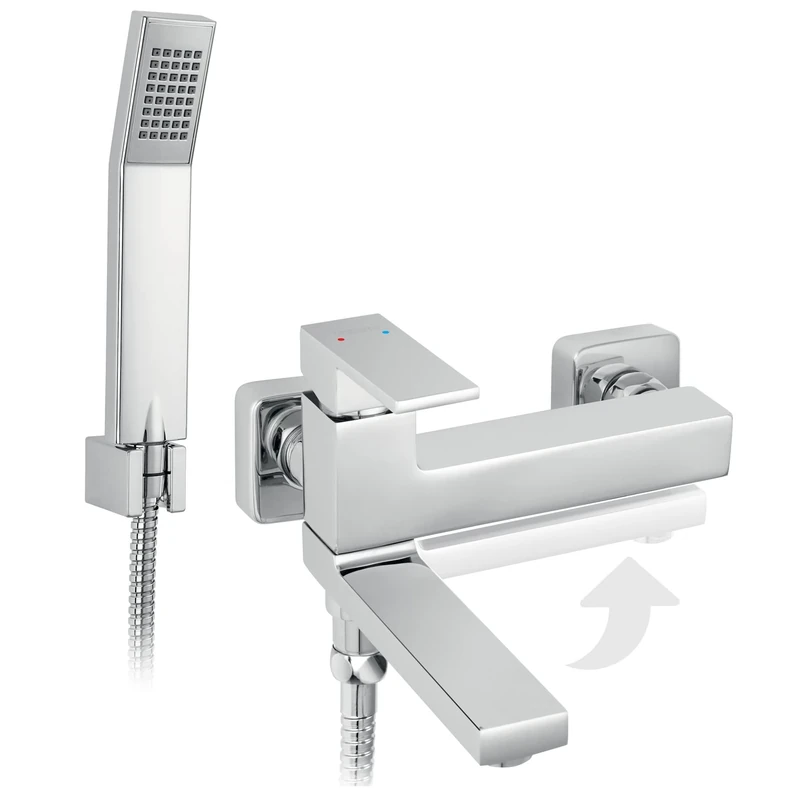 Ferro Zicco Wall-Mounted Bath Mixer Tap with Swivel/Flip Spout + Hand Shower (Chrome)