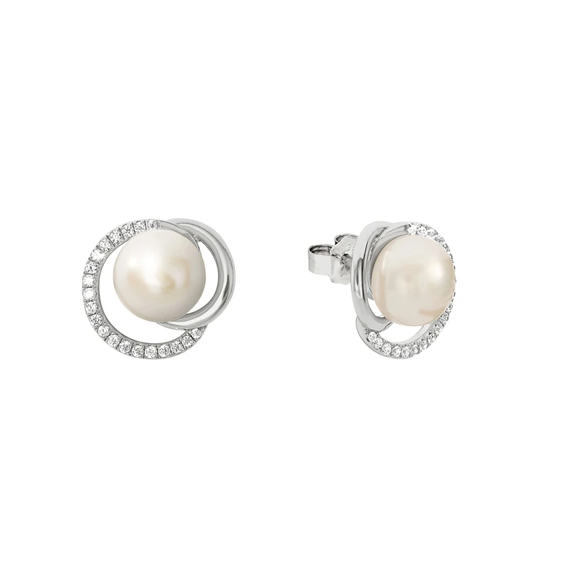 JOOP! stud earrings 925 Sterling silver woman earrings, with zirconia synth., with freshwater cultured pearl, 1.2 cm, silver, comes in jewelry gift box