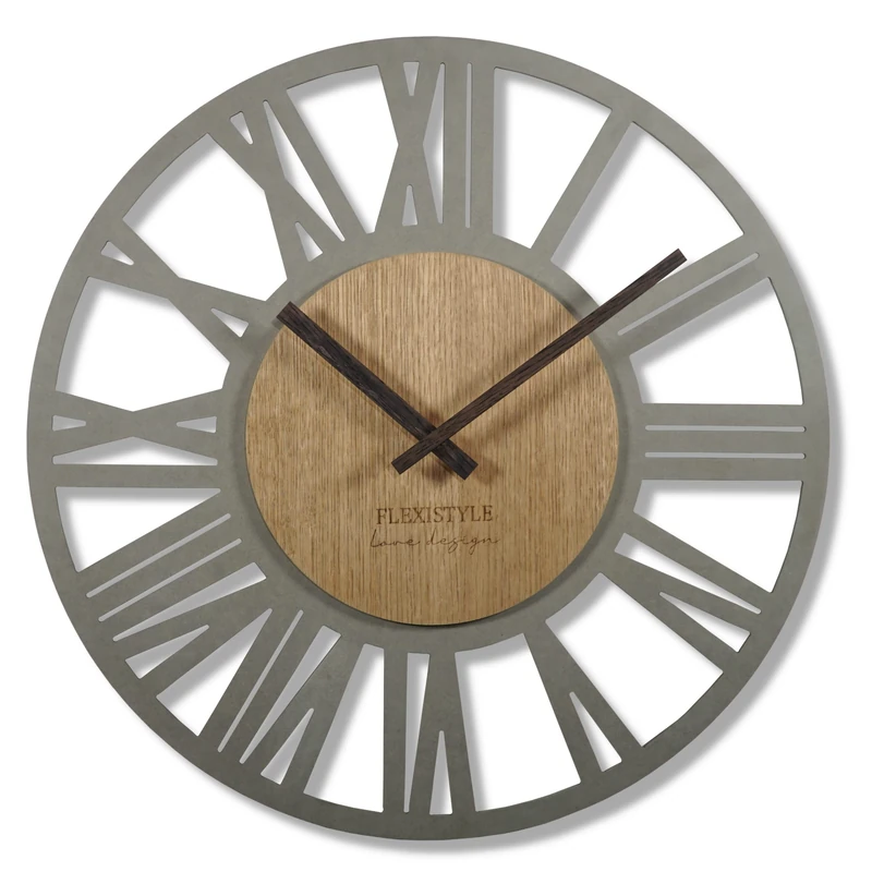 FLEXISTYLE Large Adult Wall Clock 50 cm Diameter Loft Retro Wooden Oak without Ticking Noises Living Room (Grey/Oak)