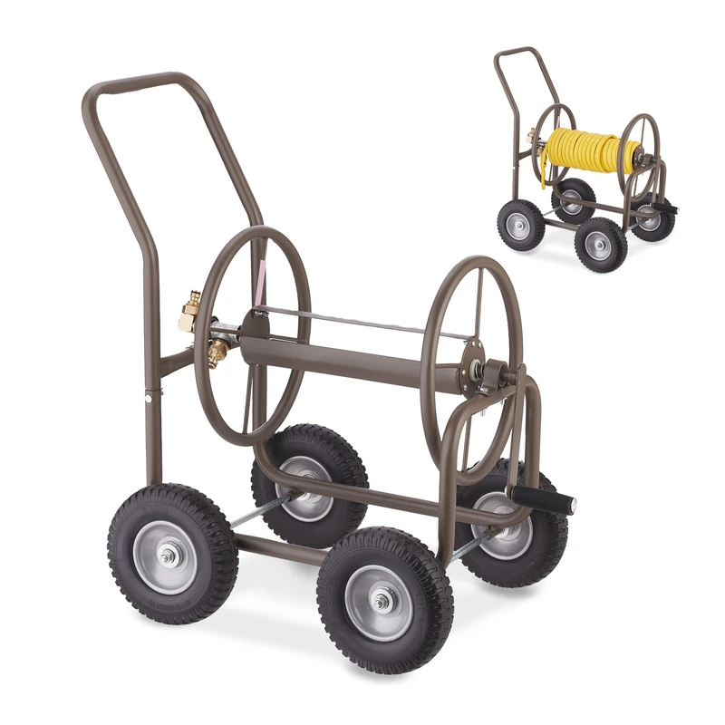 Relaxdays Hose Trolley, Up to 60 Meters, 4 Rubber Wheels, H x W x D: 81 x 50 x 80 cm, Steel, Brown - Image 1
