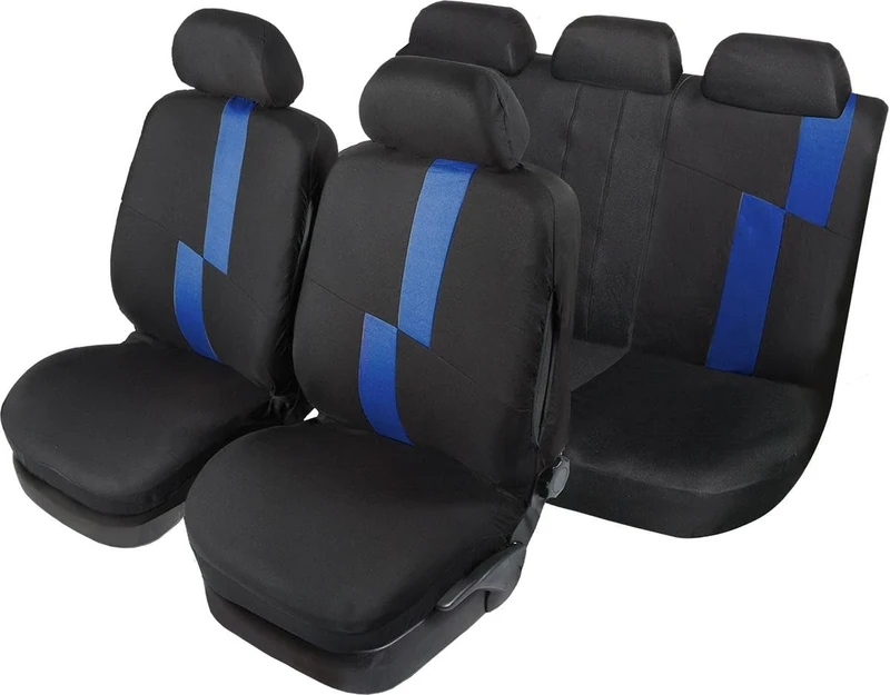 START Universal Flash Car Seat Covers Full Set Airbag Headrest Polyester Comfort Protection Black Blue