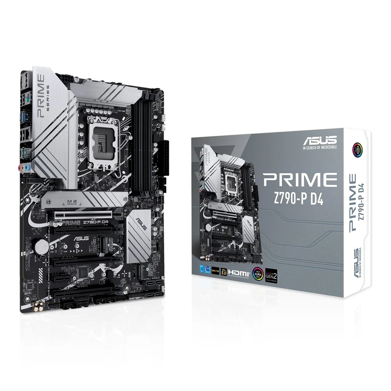 ASUS Prime Z790-P D4, an Intel Z790 LGA 1700 ATX motherboard with PCIe 5.0, three M.2 slots, 14+1 DrMOS, DDR4, Realtek 2.5 Gb LAN, HDMI, DP, USB 3.2 Gen 2x2 Type-C, front USB 3.2 Gen 2 Type-C
