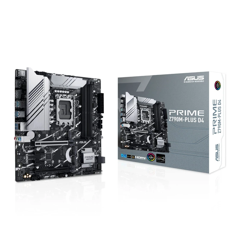 ASUS Prime Z790M-PLUS D4, an Intel Z790 LGA 1700 mATX motherboard with PCIe 5.0, three M.2 slots, 10+1 DrMOS, DDR4, Intel 1 Gb LAN, HDMI, DP, USB 3.2 Gen 2x2 Type-C, front USB 3.2 Gen 1 Type-C