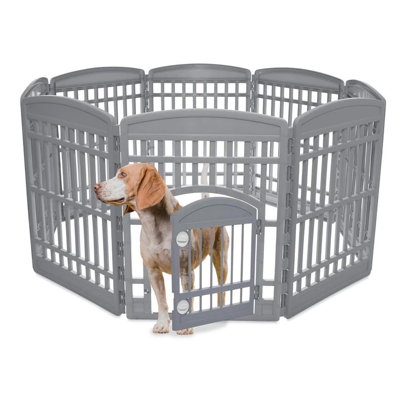 Iris Ohyama Dog Pen with Lockable Door, H90cm, 8 Panels, Grey, Dog Cage, Plastic, Puppy Enclosure, For Rabbit Runs, Indoors, Outdoors, Playpen for Dogs, Cats, Rodents, Pets, Dog Fence, Kennel, CI-908