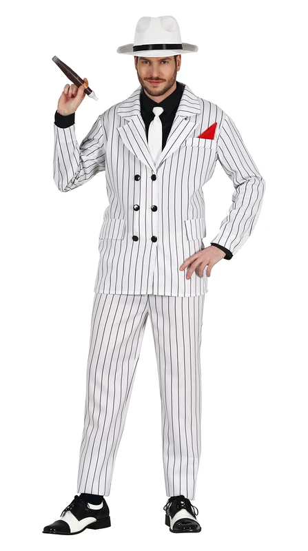 FIESTAS GUIRCA 1920s Mafia Gangster Fancy Dress Costume - White Striped Gatsby Style Mafia Boss Suit for Men Size L