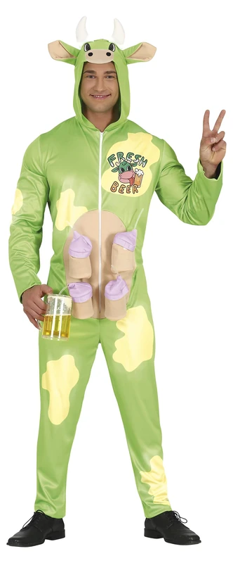 FIESTAS GUIRCA Beer Cow Stag Do Fancy Dress Costume - Funny Cow Jumpsuit with Four Beer Can Holders for Men Size L - Image 1