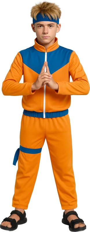 FIESTAS GUIRCA Manga Ninja Boy Fancy Dress Costume - Japanese Warrior Outfit with Orange and Blue Karate Fighter Suit for Children 14-16 Years