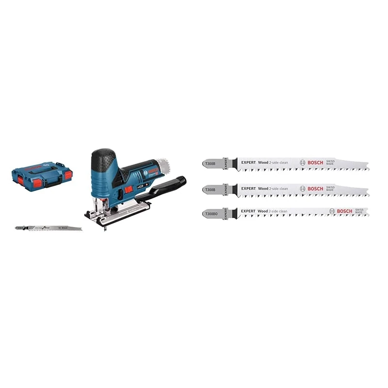 Bosch Professional 12V System Jigsaw GST 12V-70 (with L-Boxx) + 3X Expert ‘Wood 2-Side Clean‘ Jigsaw Blade Set (for Plywood, Solid Wood Furniture Board, Length 117 mm, Accessories Jigsaw)