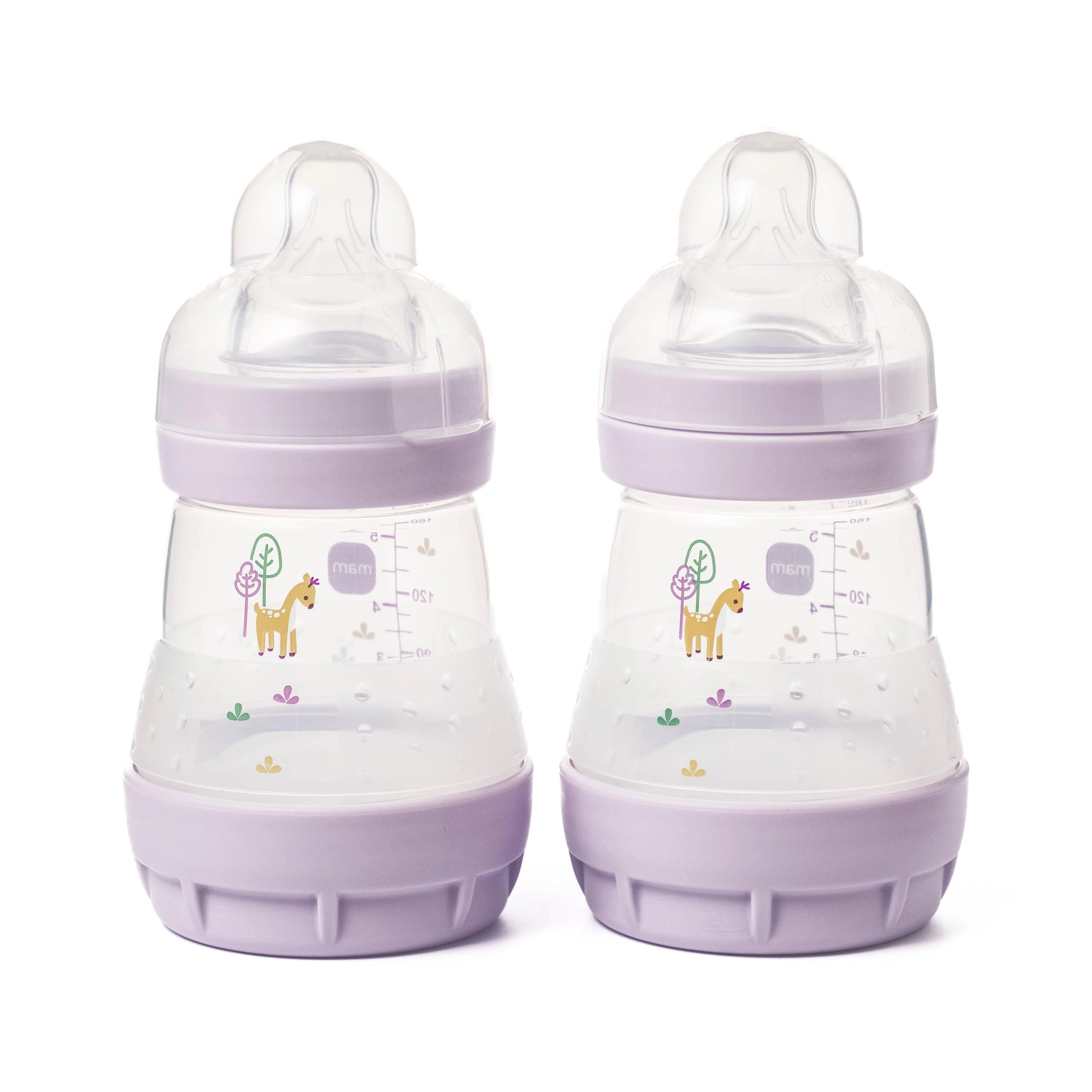 MAM Easy Start Anti-Colic Baby Bottles | 2 Pack (2 x 160ml) | Self-Sterilising Baby Milk Bottle | Slow Flow MAM Teats Size 1 | Newborn Essentials | Pink (Various Designs)