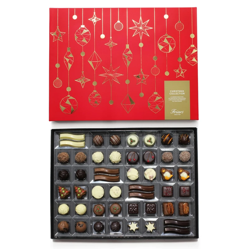 Friars Deluxe Christmas Chocolate Gift Box - 48 Festive Flavoured Chocolates 620g | 100% Recyclable Packaging | Lovingly Made | Great for Christmas Gifting Or Stocking Fillers | Taste of Luxury