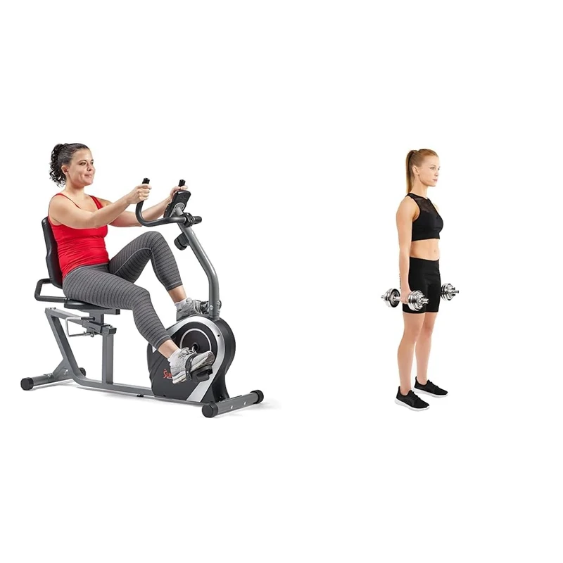 Sunny Health & Fitness Exercise Bikes, Magnetic Recumbent Bike, Stationary Cycling Bike SF-RB4616S and Unisex's 15 KG Chrome Dumbbell Set w/Carry Case, Grey, One Size, NO. 14