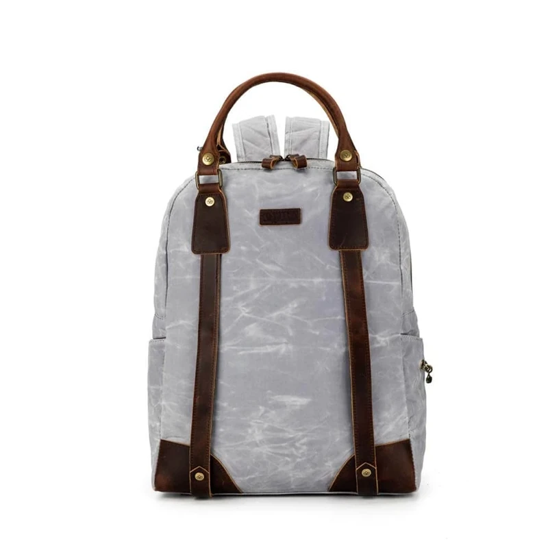 Della Q Backpack, Waxed Canvas and Leather, Grey, One Size