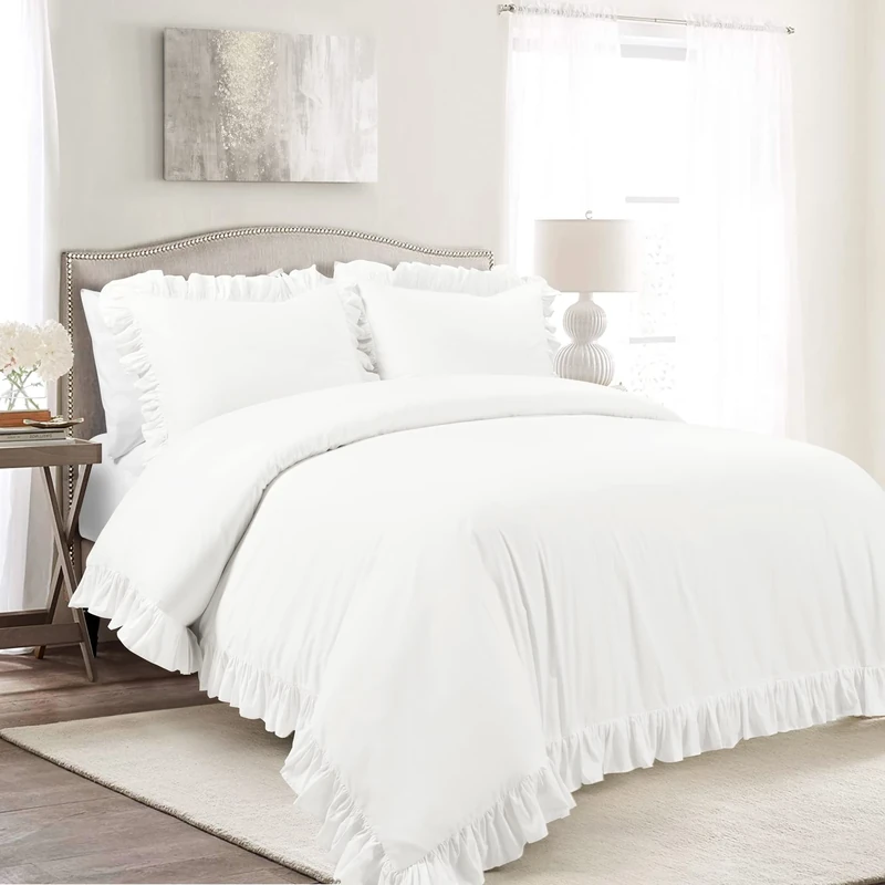 Lush Decor Reyna 100% Cotton 3 Piece Duvet Cover Set, Full/Queen, Pure White