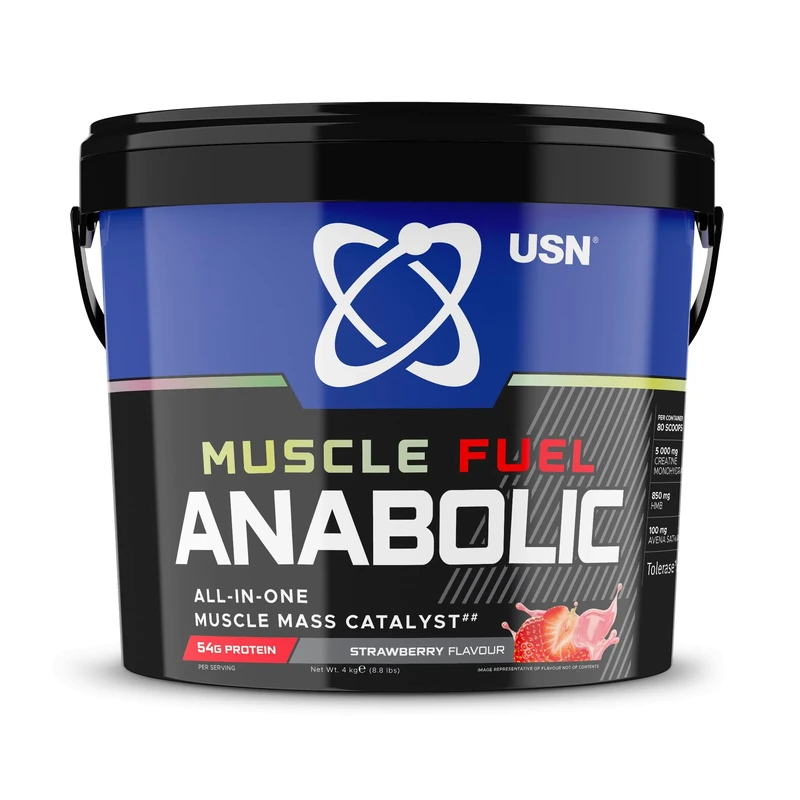 USN Muscle Fuel Anabolic All-In-One Muscle Mass Gainer, Strawberry Flavour - 4kg, 54g Protein Powder, 5g Creatine Powder & 5g BCAA Powder For Maximum Muscle Growth, Post Workout Recovery Drink Mix