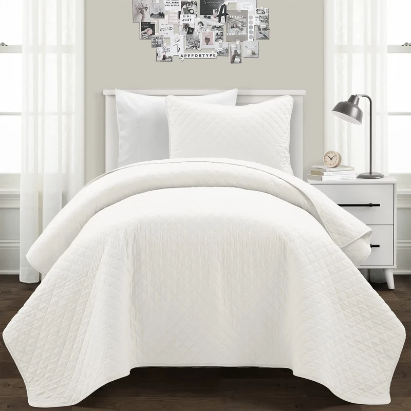 Lush Decor Ava Diamond Oversized 2 Piece Cotton Quilt Set, White, Twin-XL