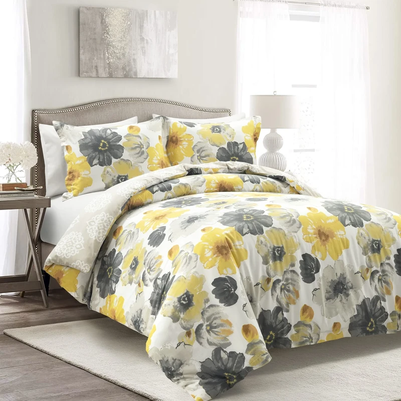 Lush Decor Leah Reversible 100% Cotton Duvet Cover Set, 3 Piece Set, King, Yellow & Gray - Charming Floral Bedding Set - Large Blooming Watercolor Flowers