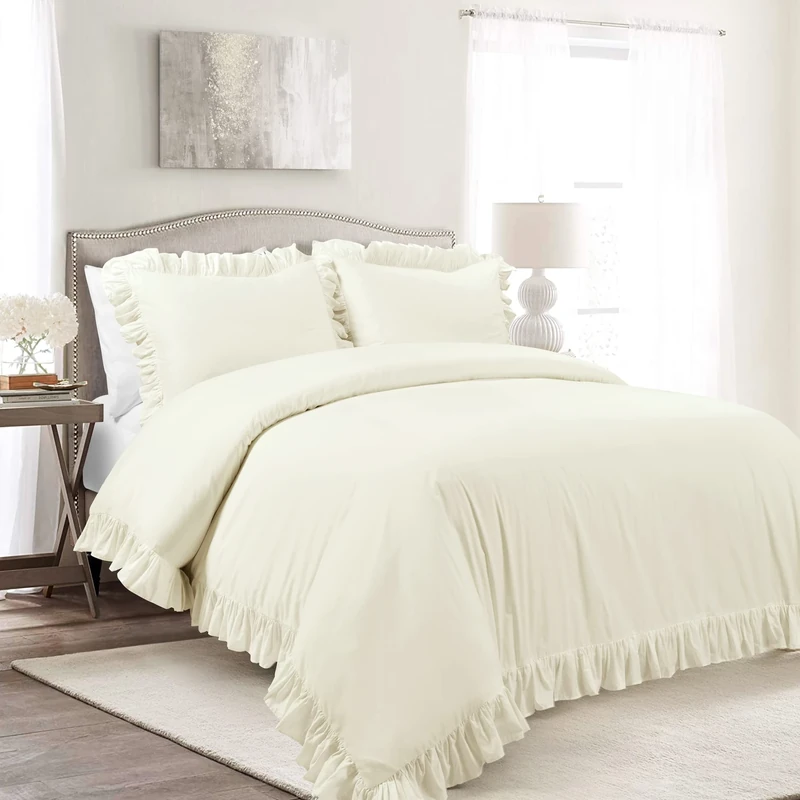 Lush Decor Reyna Ruffle 100% Cotton Duvet Cover Set - 3 Piece Cozy Ruffled Bedding Set - Timeless Elegance and Comfort - Full/Queen, Ivory