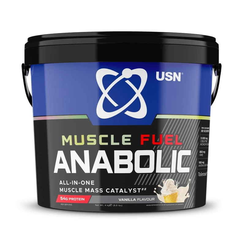 USN Muscle Fuel Anabolic All-In-One Muscle Mass Gainer, Vanilla Flavour - 4kg, 54g Protein Powder, 5g Creatine Powder & 5g BCAA Powder For Maximum Muscle Growth, Post Workout Recovery Drink Mix