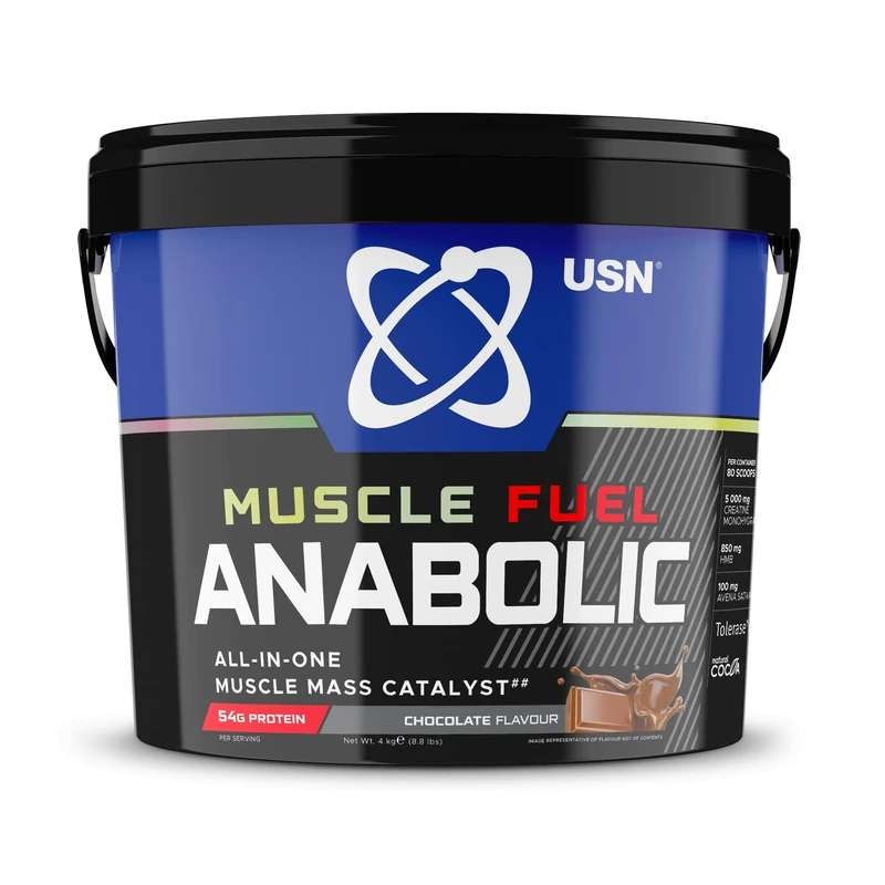 USN Muscle Fuel Anabolic All-In-One Muscle Mass Gainer, Chocolate Flavour - 4kg, 54g Protein Powder, 5g Creatine Powder & 5g BCAA Powder For Maximum Muscle Growth, Post Workout Recovery Drink Mix