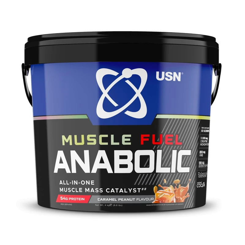 USN Muscle Fuel Anabolic All-In-One Muscle Mass Gainer, Caramel Peanut Flavour - 4kg, 54g Protein Powder, 5g Creatine Powder & 5g BCAA Powder For Maximum Muscle Growth, Post Workout Recovery Drink Mix
