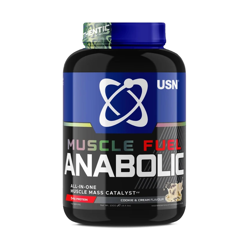 USN Muscle Fuel Anabolic All-In-One Muscle Mass Gainer, Cookies & Cream Flavour - 2kg, 54g Protein Powder, 5g Creatine Powder & 5g BCAAs For Maximum Muscle Growth, Post Workout Recovery Drink Mix