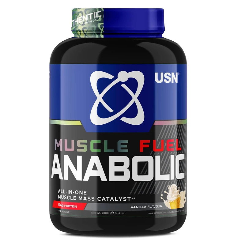 USN Muscle Fuel Anabolic All-In-One Muscle Mass Gainer, Vanilla Flavour - 2kg, Anabolic Creatine Amino BCAA Powder, 54g Protein Powder, 5g Creatine Powder, Muscle Growth Post Workout Energy Drink Mix