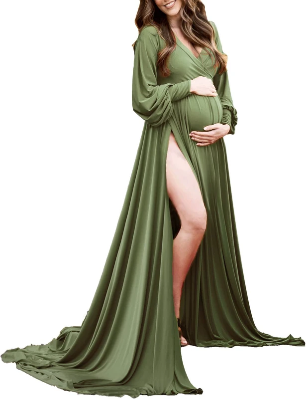 Maternity Gown Bishop Sleeves Baby Shower Dress Wrap Side Slit Sweetheart Maxi Photo Shoot for Photography, 8805 Amy Green, XL