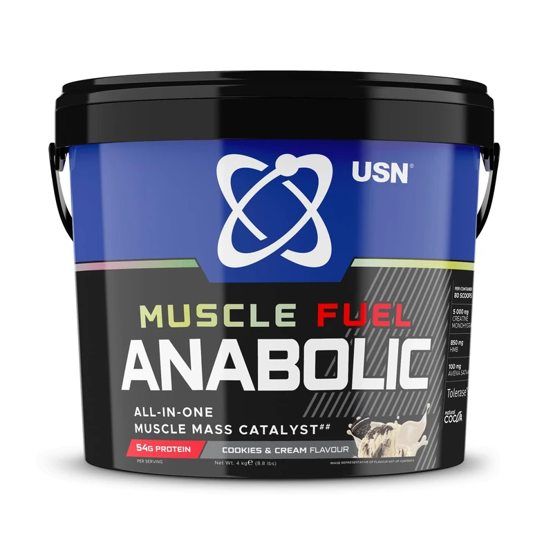 USN Muscle Fuel Anabolic All-In-One Muscle Mass Gainer, Cookies & Cream Flavour - 4kg, 54g Protein Powder, 5g Creatine Powder & 5g BCAAs For Maximum Muscle Growth, Post Workout Recovery Drink Mix