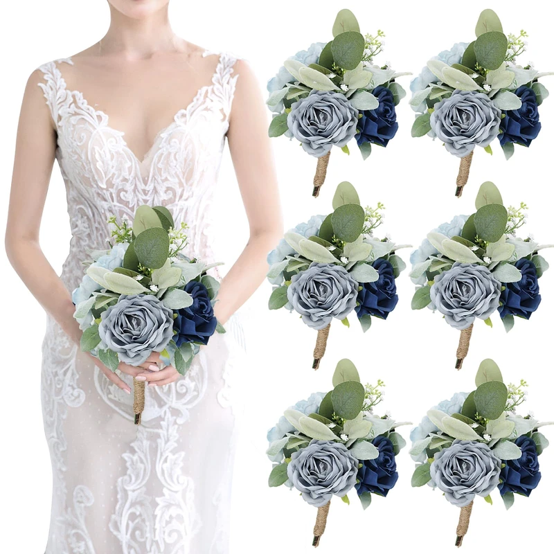 SEMONONIA Bridesmaid Bouquets for Wedding 7 inch- Set of 6 Artificial Flowers Bouquet Navy & Blue Rustic Wedding Small Floral Centerpieces for Marriage Proposal Party Anniversary Dining Table Decor