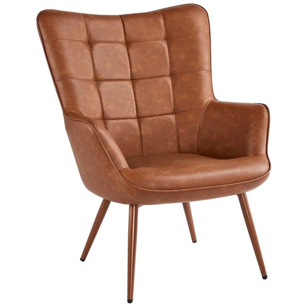 Yaheetech Accent Chair, Faux Leather Modern Armchair with High Back and Metal Legs, Sofa Chairs for Living Room/Bedroom, Brown