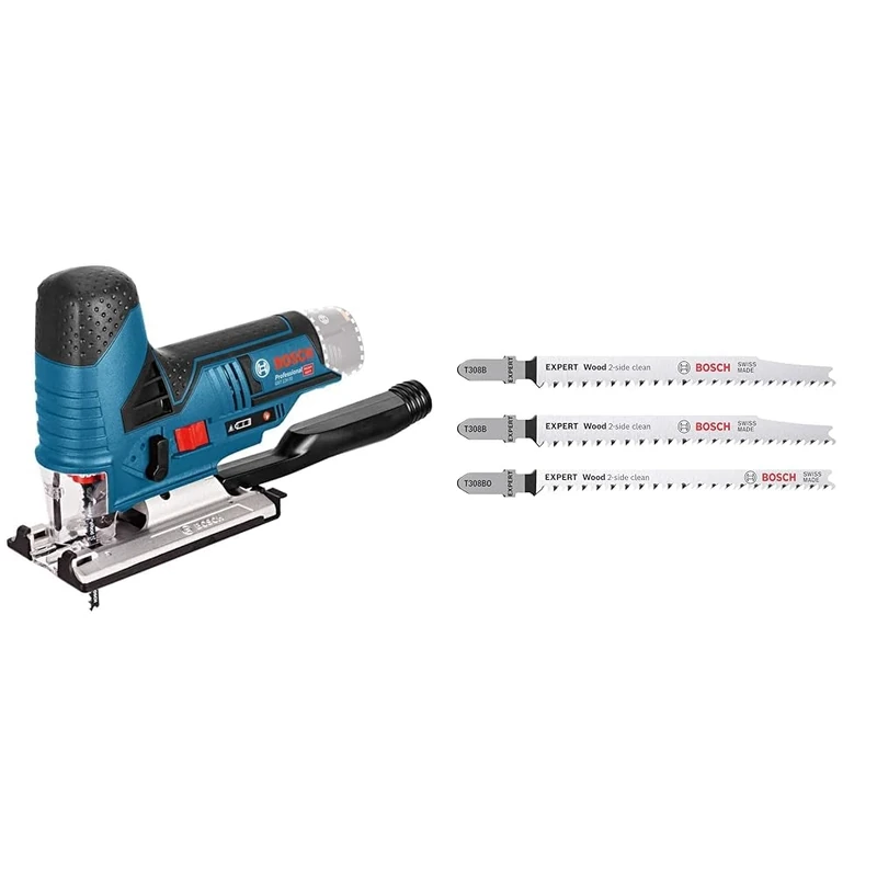 Bosch Professional 06015A1001 10.8 V Professional Jigsaw Bare Unit - Blue + 3X Expert ‘Wood 2-Side Clean‘ Jigsaw Blade Set (for Plywood, Solid Wood Furniture Board, Length 117 mm, Accessories Jigsaw)
