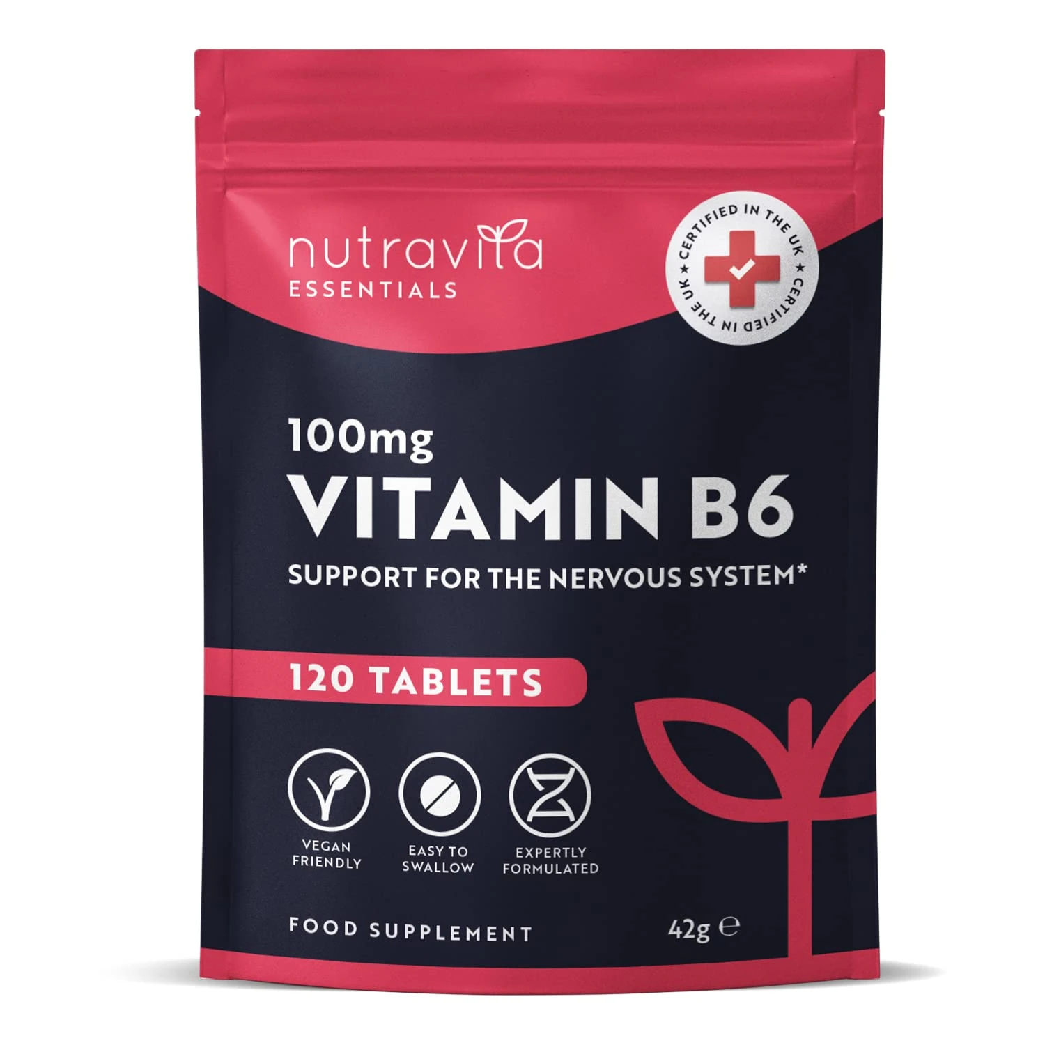 Vitamin B6 100mg - 120 Vitamin B6 High Strength Vegan Tablets – B6 Vitamins to Support Normal Function of The Immune and Nervous System - Contributes to Reduction of Tiredness and Fatigue - Nutravita