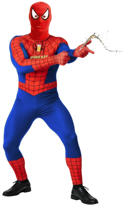 FIESTAS GUIRCA Spider Bar Fancy Dress Costume - Red and Blue Super Hero Comedy Outfit with Drink Launchers in Gloves Stag Do Costume for Men Size L