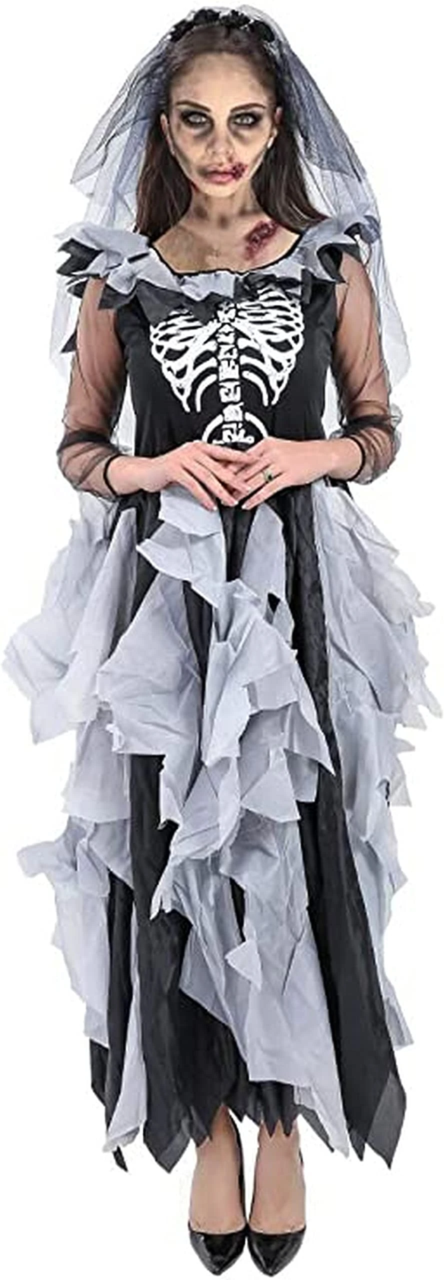 Forever Young Deluxe Ladies Zombie Bride Costume Adult Day of The Dead Skeleton Halloween Outfit (UK 6) Black