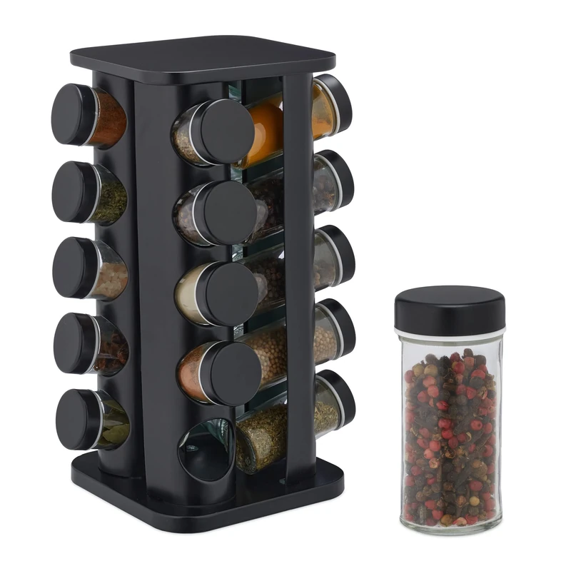 Relaxdays Spice Rack, 20 Glass Jars, Rotatable, Stainless Steel, H x D: Approx. 33.5 x 20 cm, Black