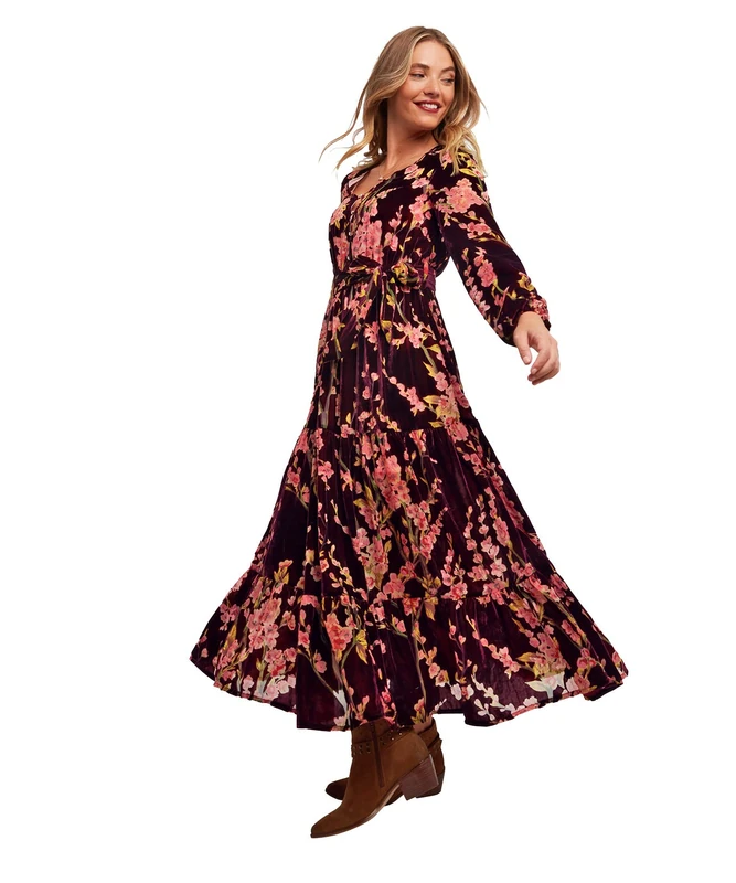 Berry Floral DevoreTie Waist Dress - Image 1