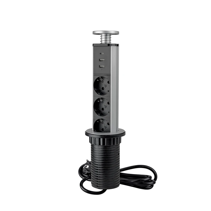 Emuca - Pop up power tower with fast charge, 3 EU sockets and 2 USB A+ 1 USB C charging ports, pull up socket with usb for kitchen worktop or desk table, Silver Grey, Plastic and Aluminium