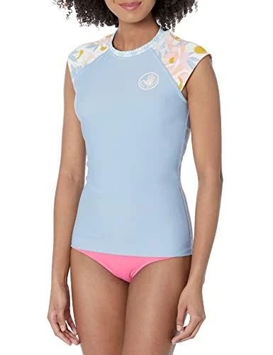 Body Glove Women's Standard Exhale Cap Sleeve Rashguard with UPF 50, Wayta Denim Floral, X-Small Petite