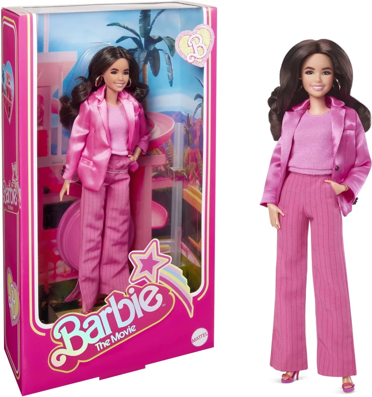 Barbie The Movie Doll, Gloria Collectible Wearing Three-Piece Pink Power Pantsuit with Strappy Heels and Golden Earrings, HPJ98