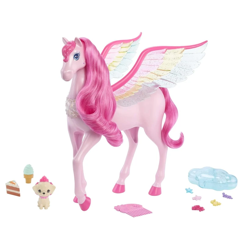 Pink Barbie Pegasus with 10 Accessories Including Puppy, Winged Horse Toys with Lights and Sounds, Barbie A Touch of Magic, HLC41
