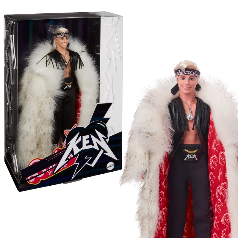 Barbie THE MOVIE, Ken Doll wearing Faux Fur Coat and Black Fringe Vest, fingerless gloves and gold tone chain, HRF31