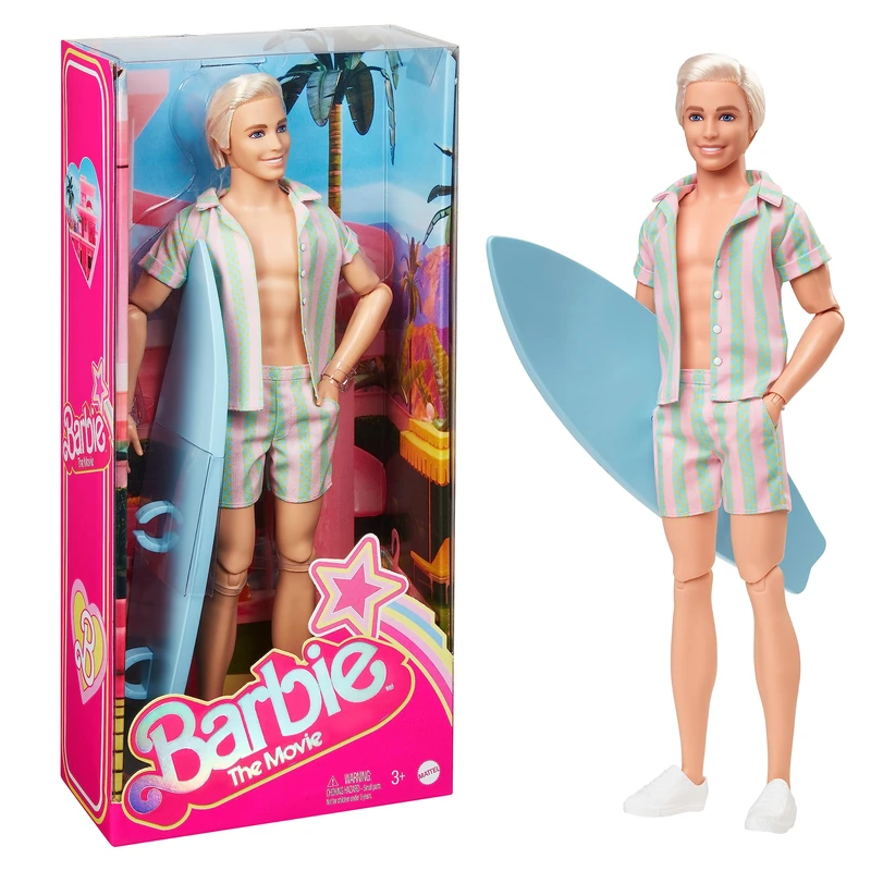 Barbie The Movie Ken Doll Wearing Pastel Pink and Green Striped Beach Matching Set with Surfboard and White Sneakers, HPJ97 - Image 1