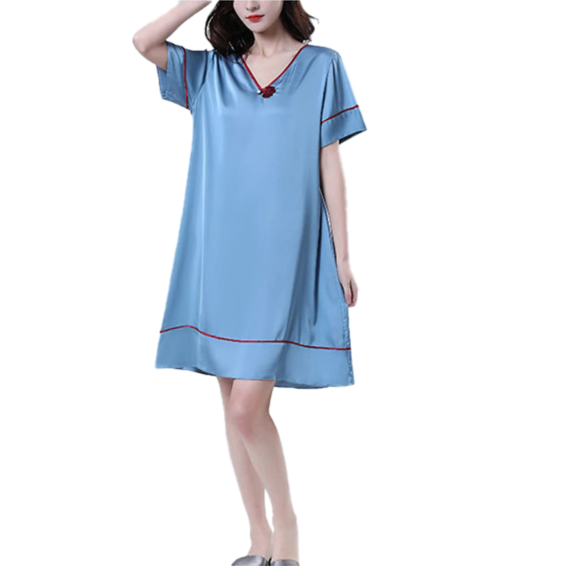 Women's V Neck Sexy Nightgrow Pajamas Solid Color Imitation Silk Satin Short Sleeve Nightdress,Ocean Blue,L