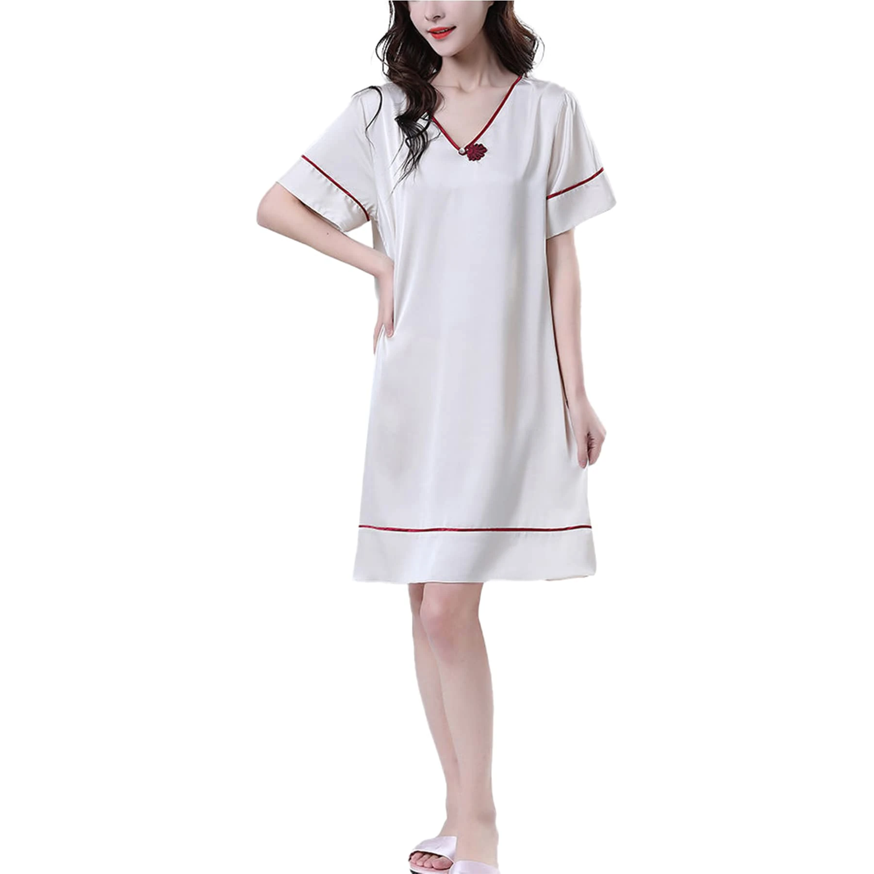 Women's V Neck Sexy Nightgrow Pajamas Solid Color Imitation Silk Satin Short Sleeve Nightdress,Khaki,L