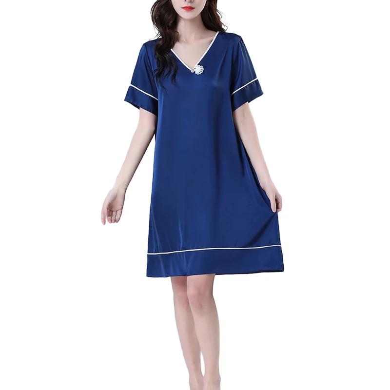 Women's V Neck Sexy Nightgrow Pajamas Solid Color Imitation Silk Satin Short Sleeve Nightdress,Navy Blue,L