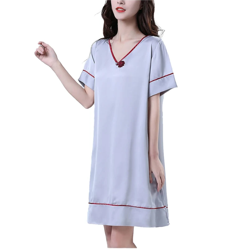 Women's V Neck Sexy Nightgrow Pajamas Solid Color Imitation Silk Satin Short Sleeve Nightdress,Light Gray,L