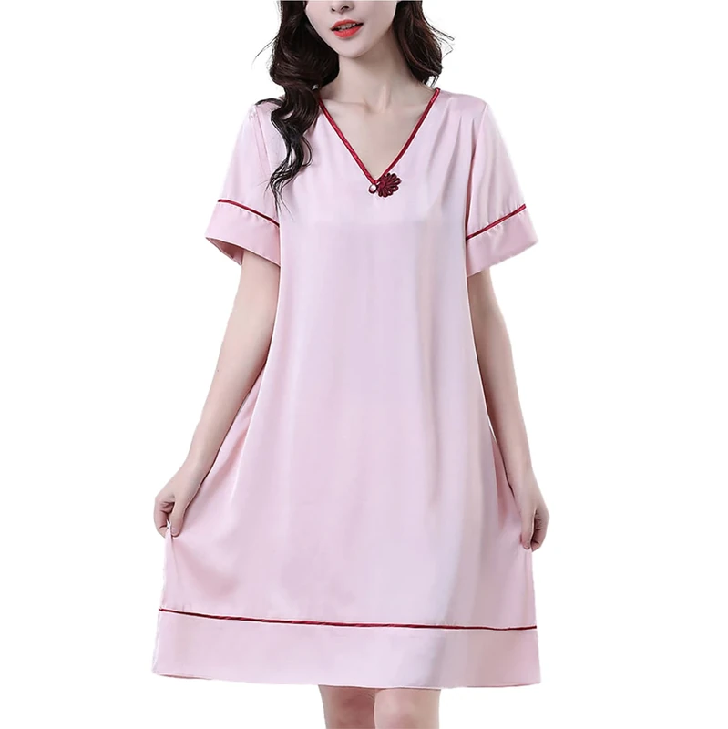 Women's V Neck Sexy Nightgrow Pajamas Solid Color Imitation Silk Satin Short Sleeve Nightdress,Rubber red,L
